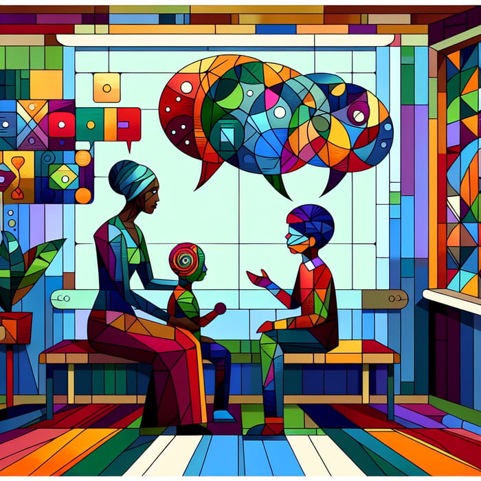 Social Worker Abstract Art: Imaginative Scene with Black Woman and South Asian Boy