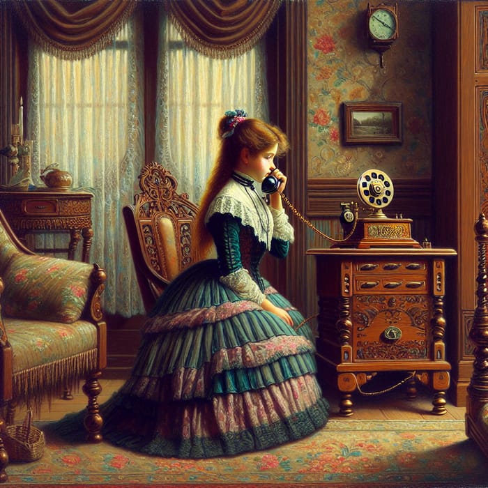 Victorian Era Elegance: Girl with Oil Phone Painting Victorian Era Elegance: Girl with Oil Phone Painting