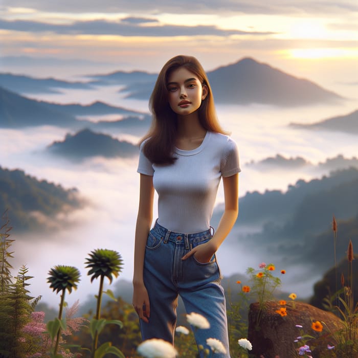 Stunning Teen Portrait in Misty Mountain Landscape Thailand Sunset