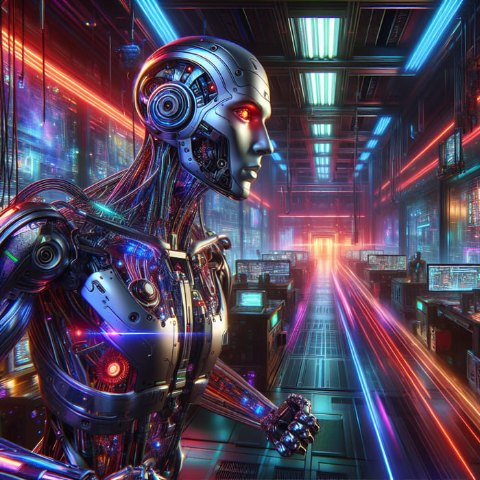 AI-Powered Robot in Futuristic Laboratory: High-Contrast Cyberpunk Scene