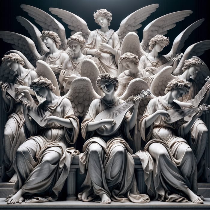 Dreamy Marble Angels Playing Instruments in Michelangelo Style