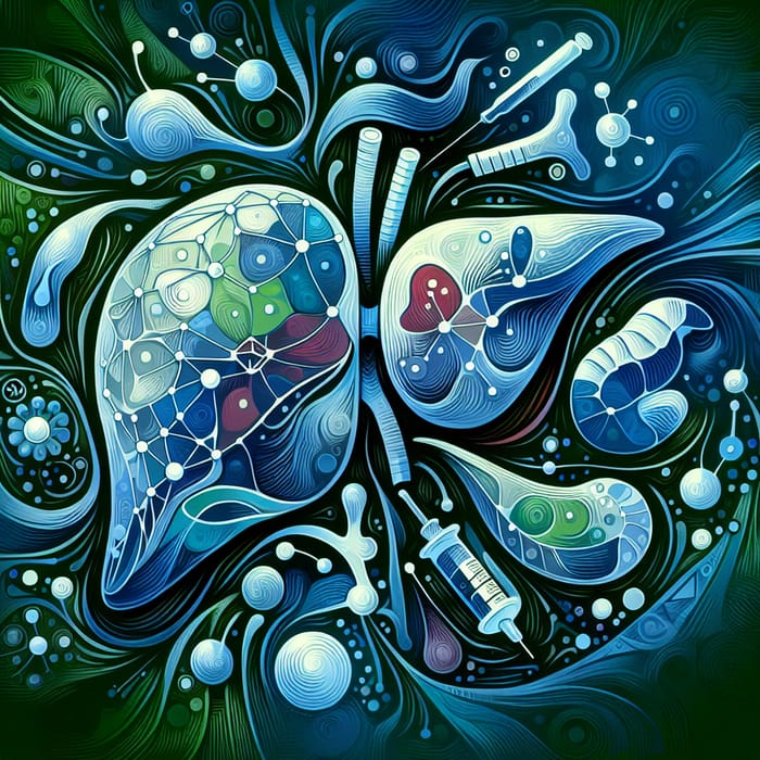 Abstract Hepatology Art: Intricate Pathways in Cool Blue & Green Tones