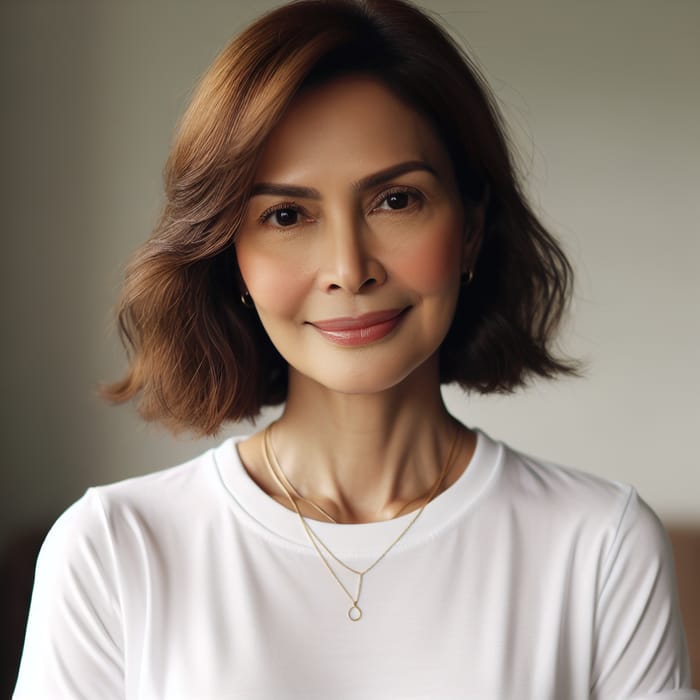 Filipina Woman in 30s: White T-Shirt, Gold Necklace & Brunette Wavy Hair
