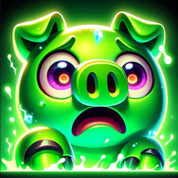 Scared Green Pig - Vibrant & Panicked Cartoon Pig