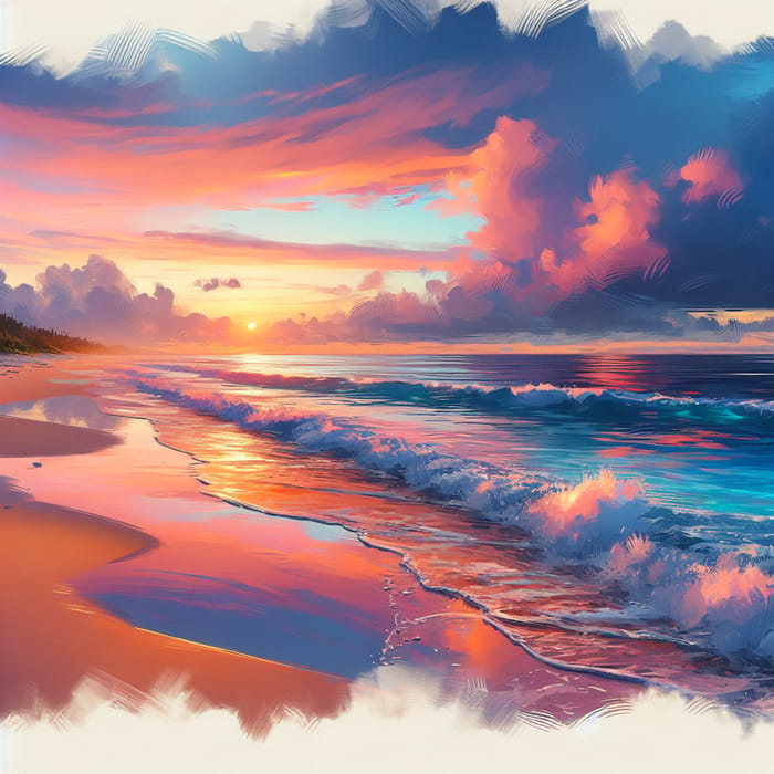 Tranquil Beach Scene at Sunset - Vibrant Orange and Pink Hues
