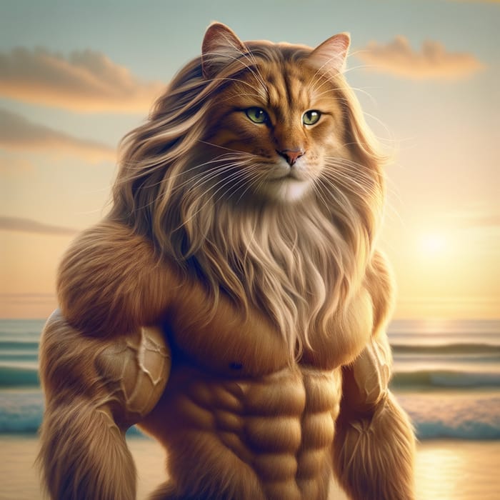Majestic Lion-Eyed Cat Emulating Jason Momoa at Sunset Beach