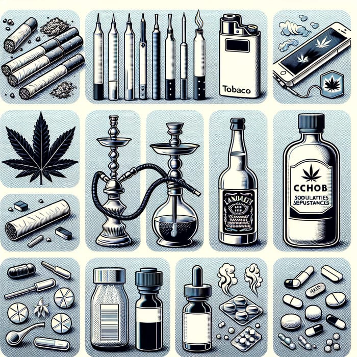 Substance Collage: Tobacco, Vaping, Hookah, Cannabis, Alcohol, Pharmaceuticals