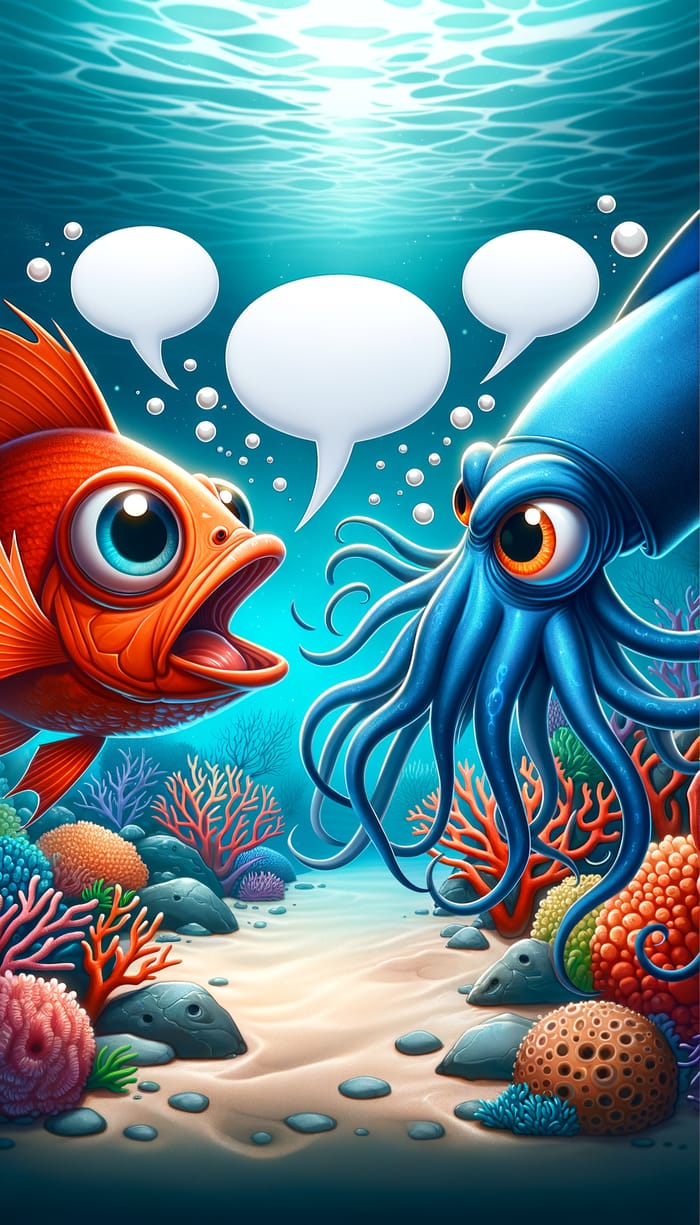Intense Fish-Squid Quarrel in Underwater Scene