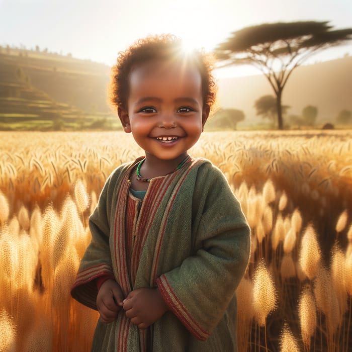 Ethiopian Kid in Traditional Clothing Smiling in Teff Field