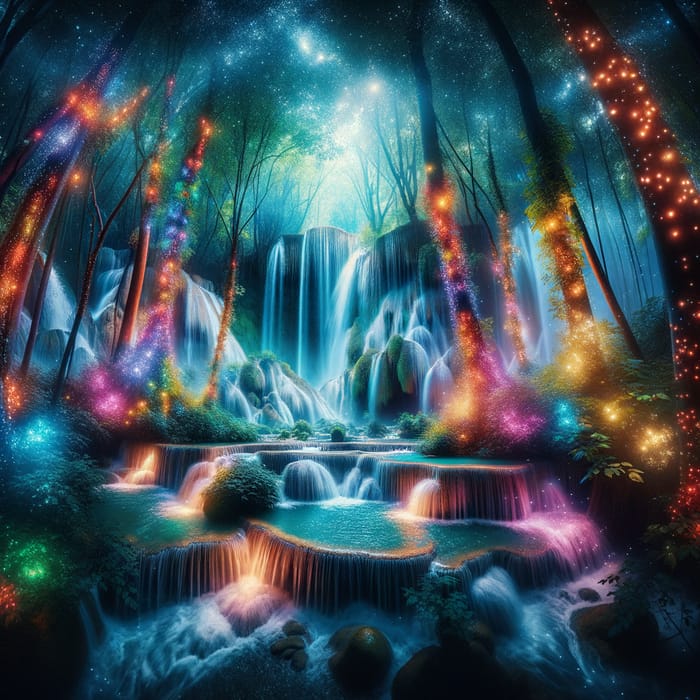 Mystical Forest with Sparkling Waterfall | Surreal Colors & Vivid Lights