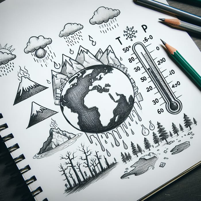 Climate Change Sketch: Earth, Rising Temperatures, Deforestation