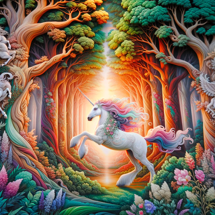 Mystical Forest with Galloping Unicorn | Vibrant Fantasy