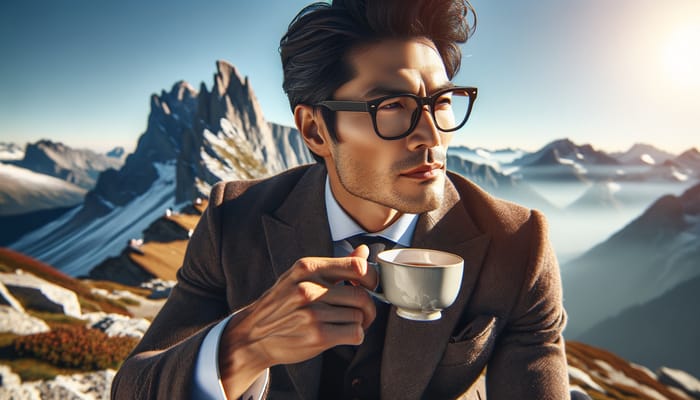 Serene Scene: Successful Chinese Man Savoring Tea on Snowy Mountain Peak