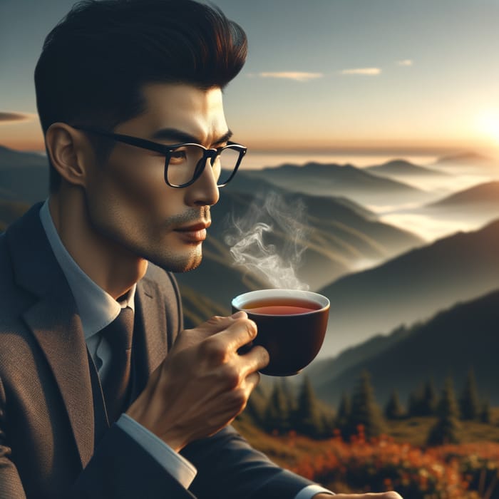 Long-Range Photo of Sophisticated Chinese Man Enjoying Tea on Mountain Top