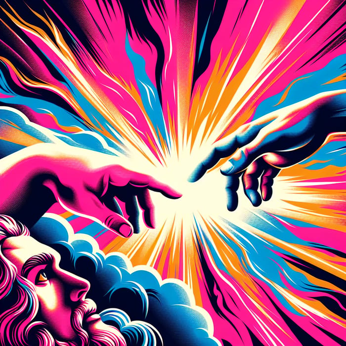 The Creation of Adam Reimagined: Pink-Haired Twist in Pop Art Style