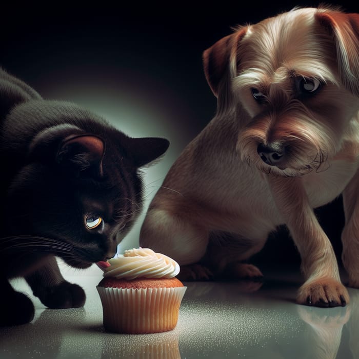 Adorable Cat Enjoying Cupcake With Playful Dog