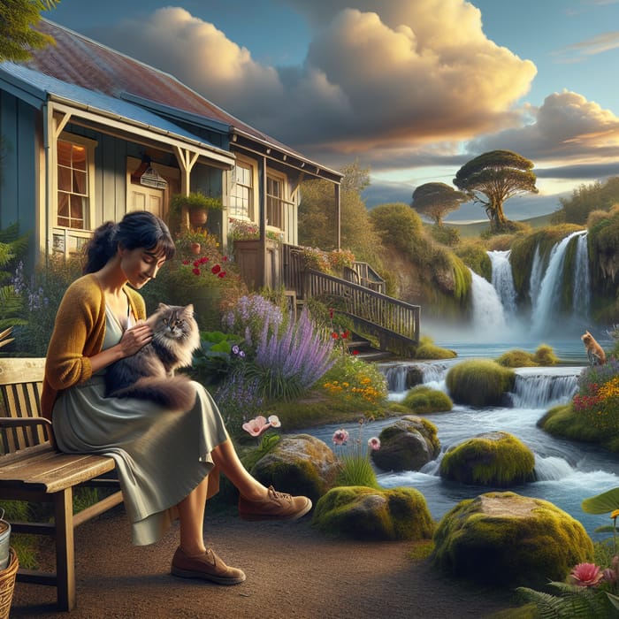 Hispanic Woman with Grey Cat in Garden with Cascading Waterfall