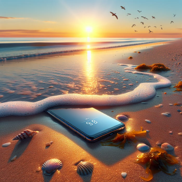 Tranquil Beach Scene: Phone on Shore at Sunrise
