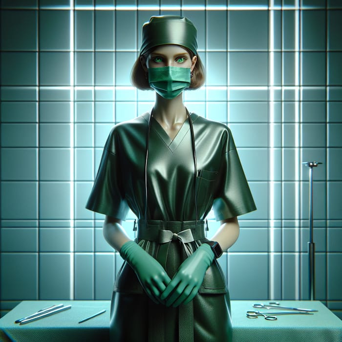 European Female Surgeon in Dark Green Latex | Professional Pose