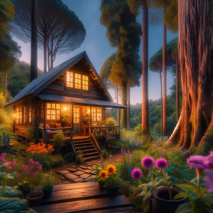 Enchanting Twilight Cabin Surrounded by Flowers and Trees