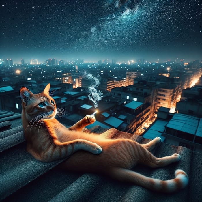 Urban Cat Enjoying Night Sky on Rooftop | Tranquil Scene
