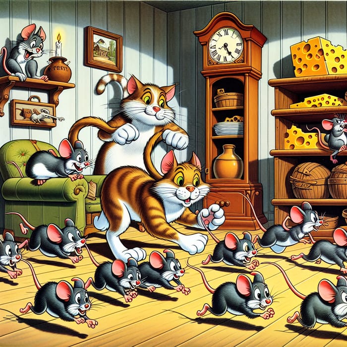 Animated Cat Brigade Chasing Mice in a Playful House Scene