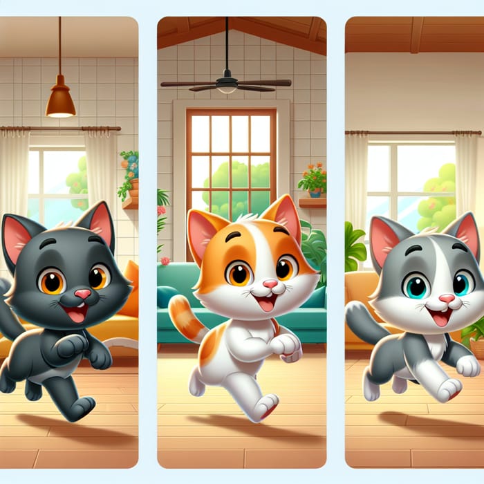 Vibrant Animated Cartoon Cats Playfully Running Inside House