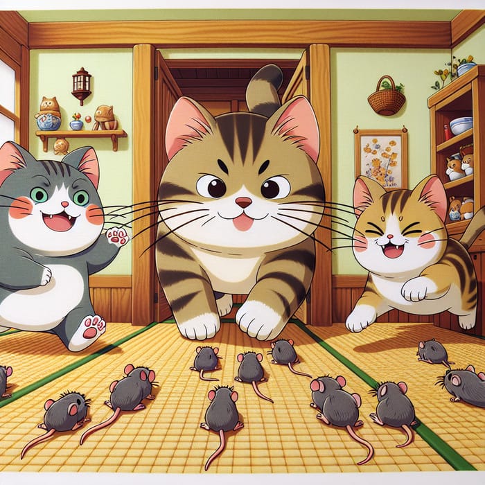 Playful Anime Cats Chasing Five Mice Through Cozy Home