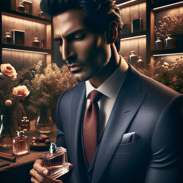 Luxury Men's Perfume Model in Navy Suit | Elegant Fragrance - Exclusive Look