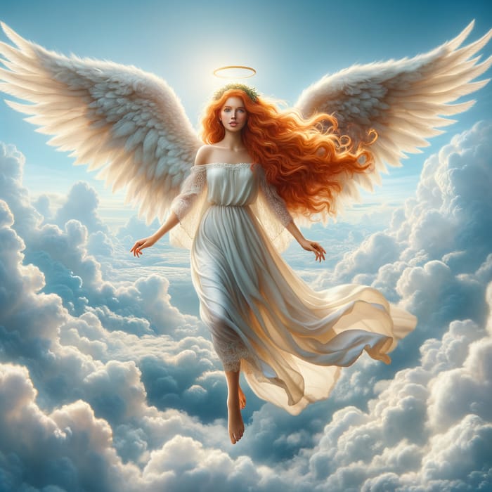 Majestic Redheaded Angel Flying Above Clouds