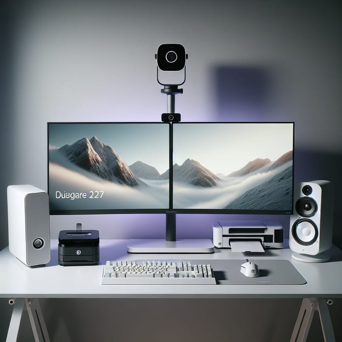 27-Inch Dual Monitor Setup with Speaker, Webcam, Printer, and Gaming PC in White