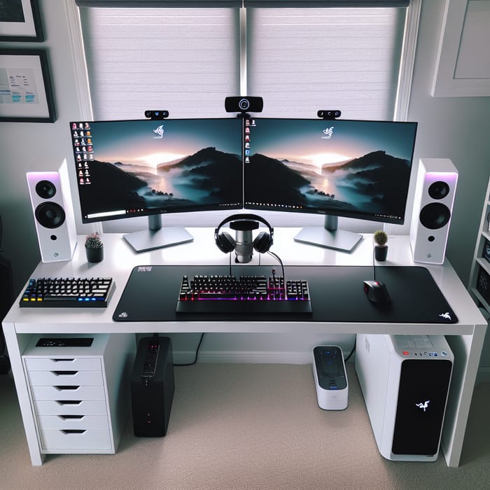 27-Inch Dual Monitor Setup with Logitech Speakers & Web Cam | Organized White Desk