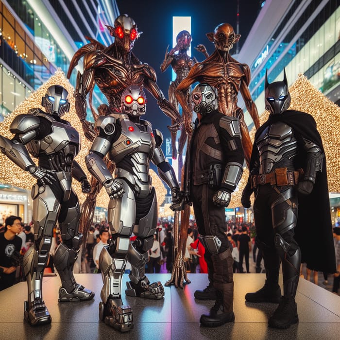 Iconic Characters in Futuristic New Year City Celebration