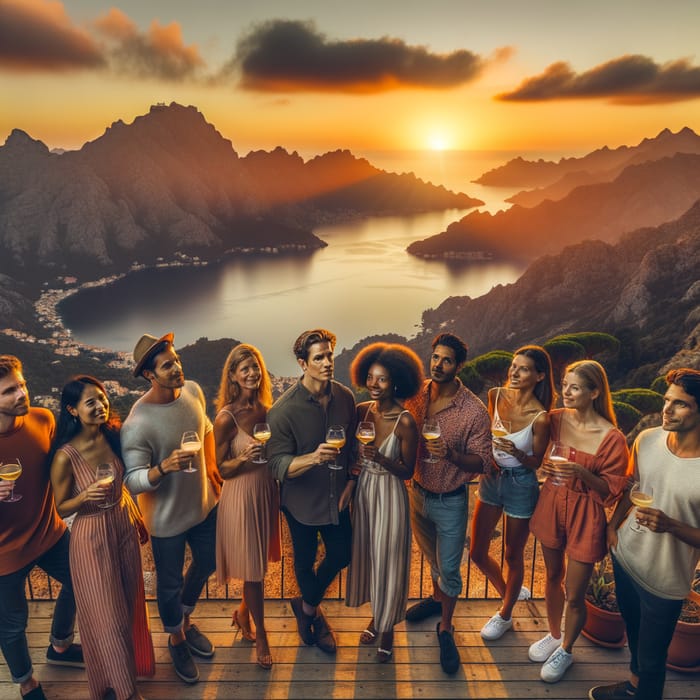 Picturesque Mountain Terrace with Diverse Group Watching Stunning Sunset