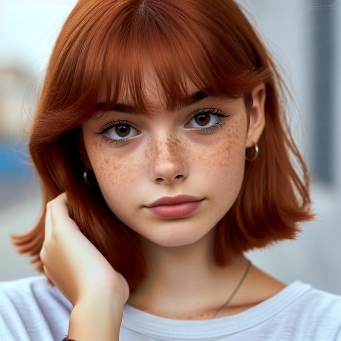 20-Year-Old Red-Haired Spanish Woman with Korean-Style Bangs