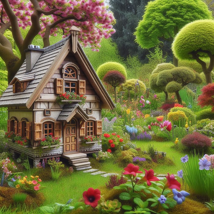 Charming Mini House Surrounded by Flowers and Trees