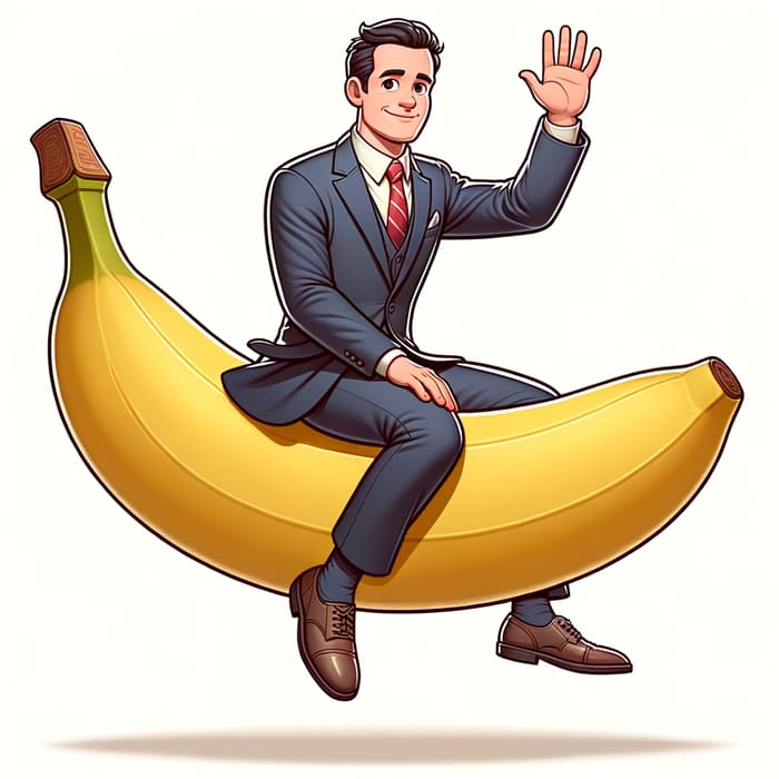 Cartoon Politician Pedro Sánchez Riding Banana - Funny Image