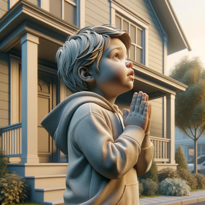3D Image of Caucasian Child Praying Outside Home in Serene Neighborhood