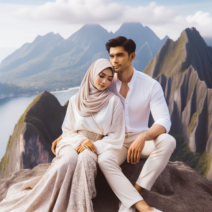 Romantic Southeast Asian Couple Sitting Against Breathtaking Mountain Scenery