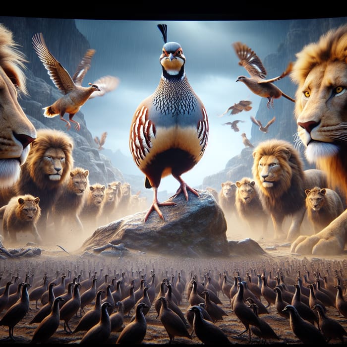 Fearless Partridge Leads Army to Victory Against Mighty Lions in Exquisite 4K 3D Rendering