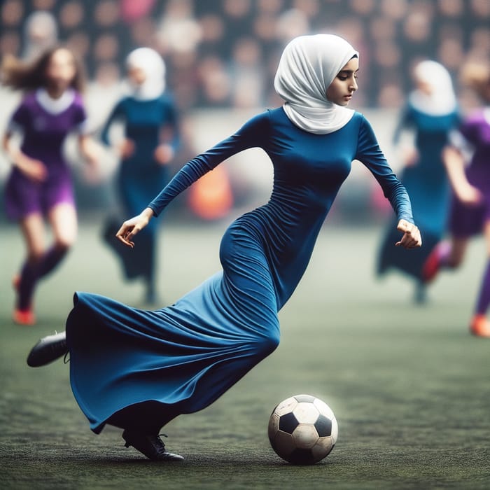 Muslim Girl Playing Football in White Scarf and Dark Blue Dress