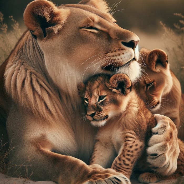 Tender Lioness and Cub Embracing - Family Love Scene