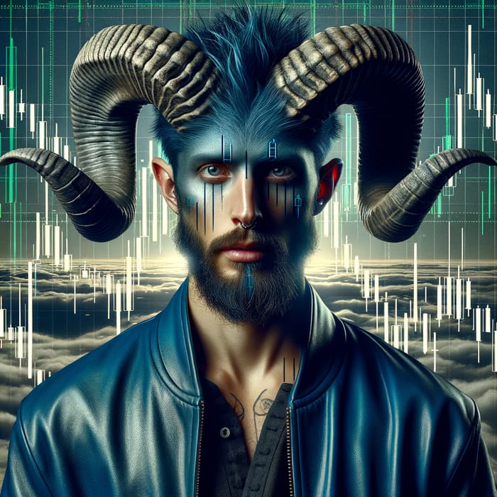Ram Head Man in Blue Leather Jacket | Candlesticks Chart Background