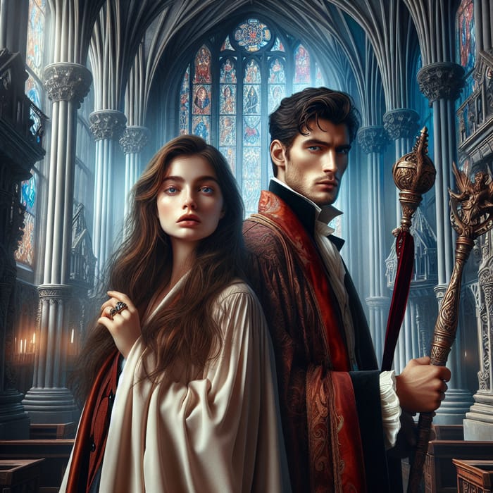 Brunette Woman and Mysterious Prince in Grandiose Gothic Magic Academy