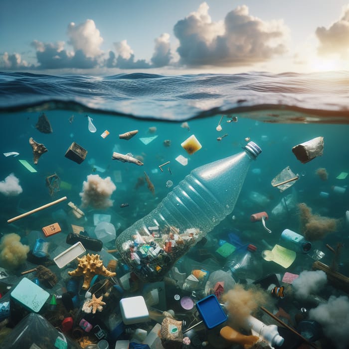 Bottle in Ocean Among Trash Pollution