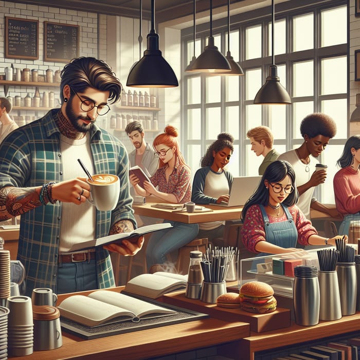 Lively Coffee Bar Scene: Barista, Readers, Students & Friends