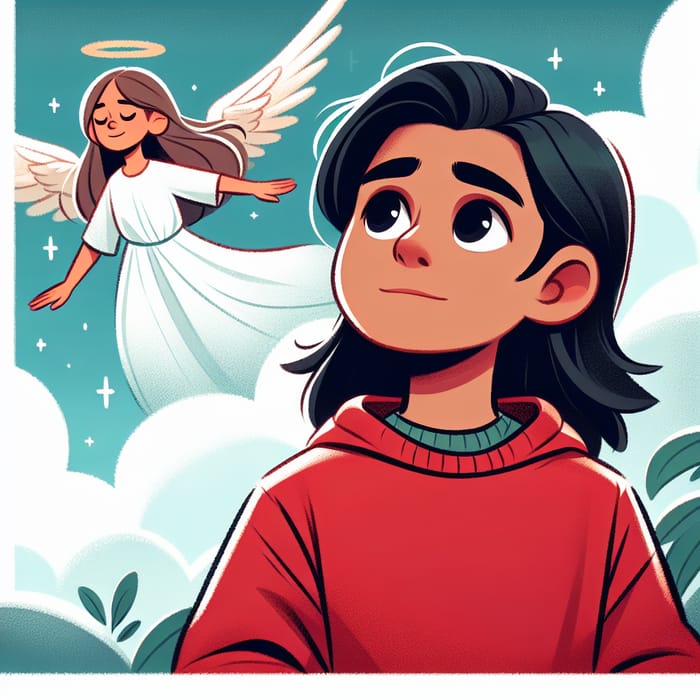 Hispanic Boy with Long Hair and Red Hoodie Looking Up at Angelic Girl in the Sky