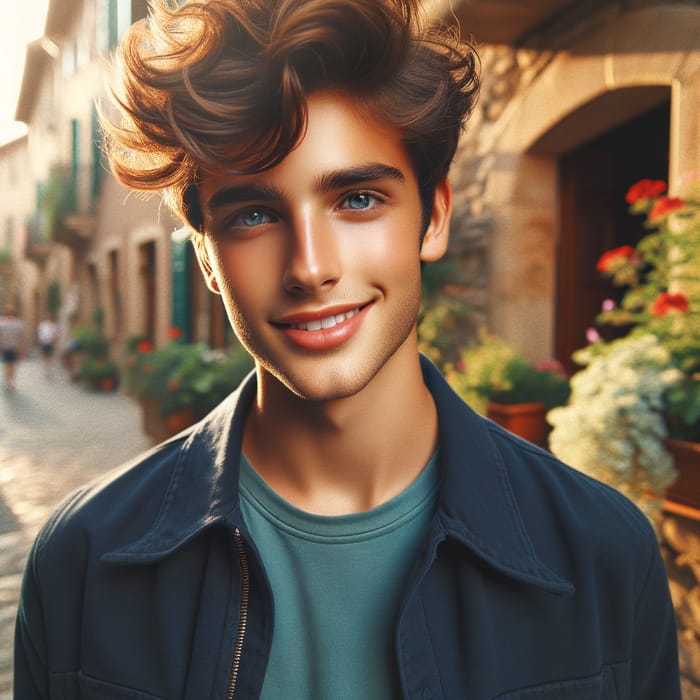 Handsome Boy with Olive Skin and Blue Eyes in Charming Old Town