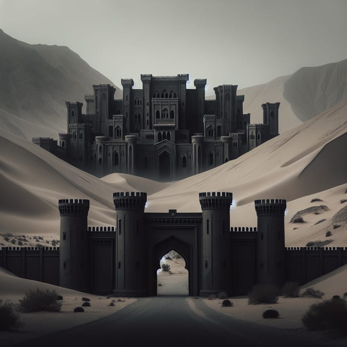 Gloomy Castle between High Hills: Dark Oasis in Desolate Terrain