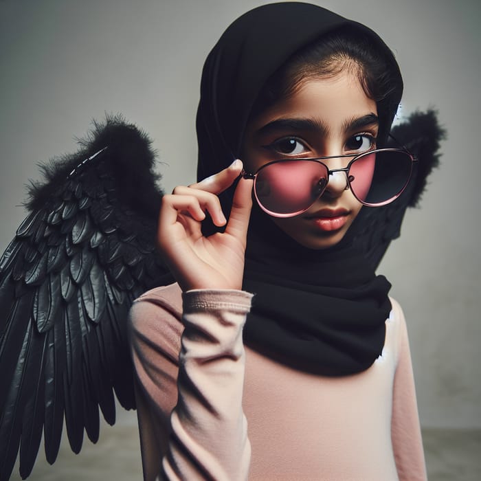 Enigmatic Young Middle-Eastern Girl with Black Wings Taking Off Pink Sunglasses